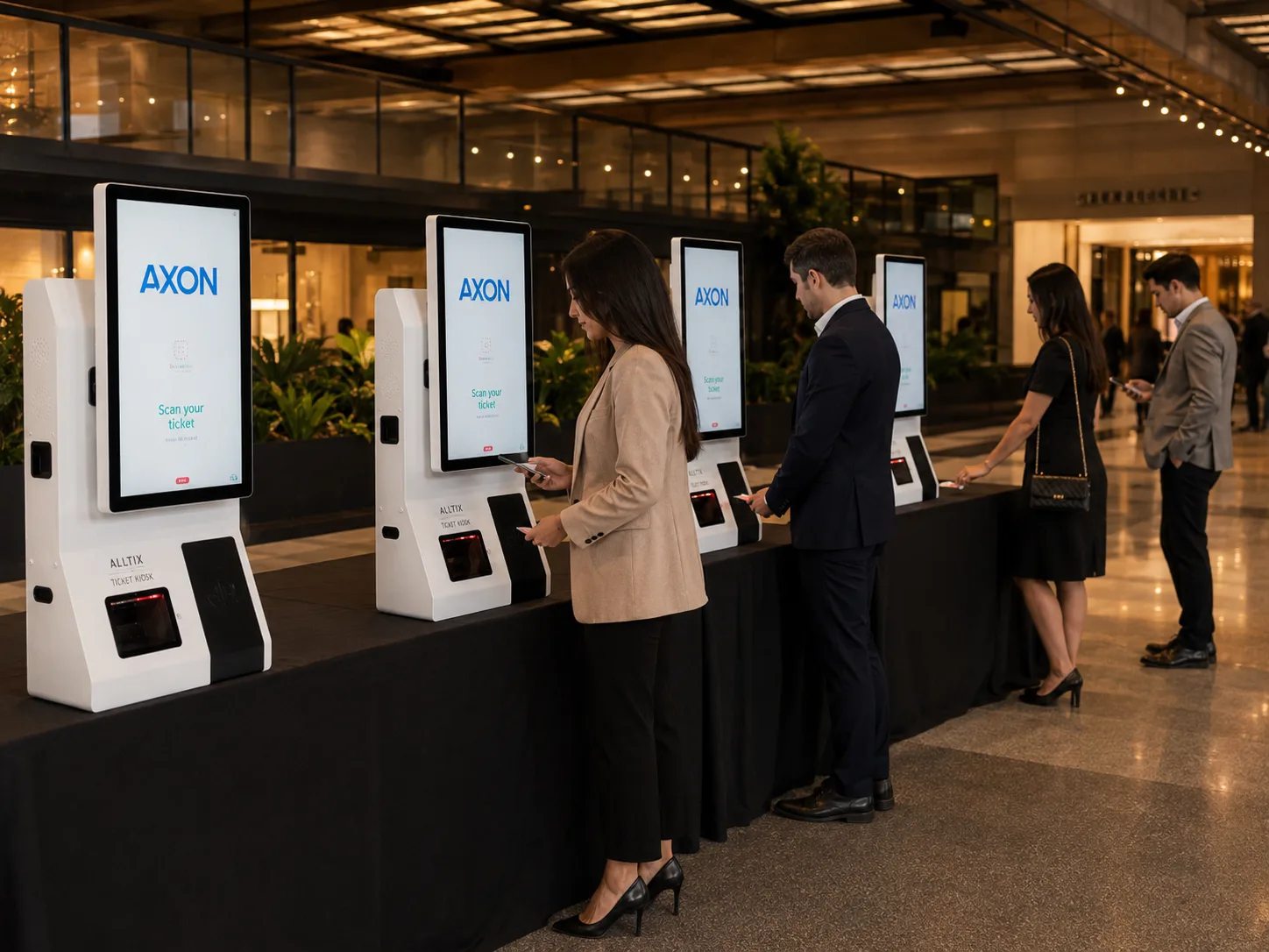 A row of Alltix check-in kiosks on a draped table in a hotel lobby, four guests scanning themselves in.